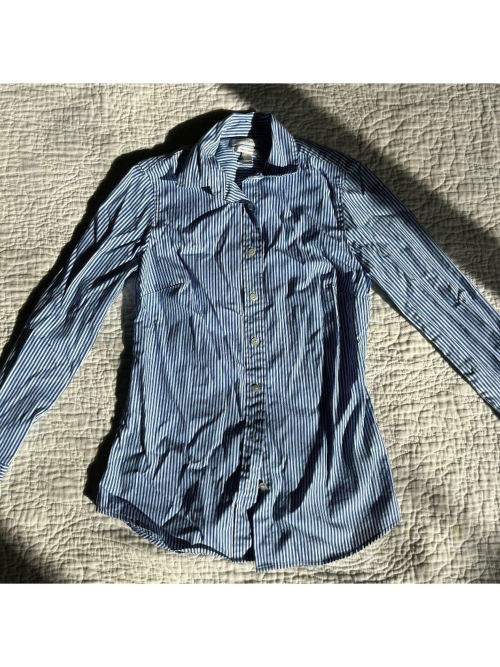 J Crew Stretch Perfect Top Blue White Stripe Button Up Long Sleeve Shirt PXXS